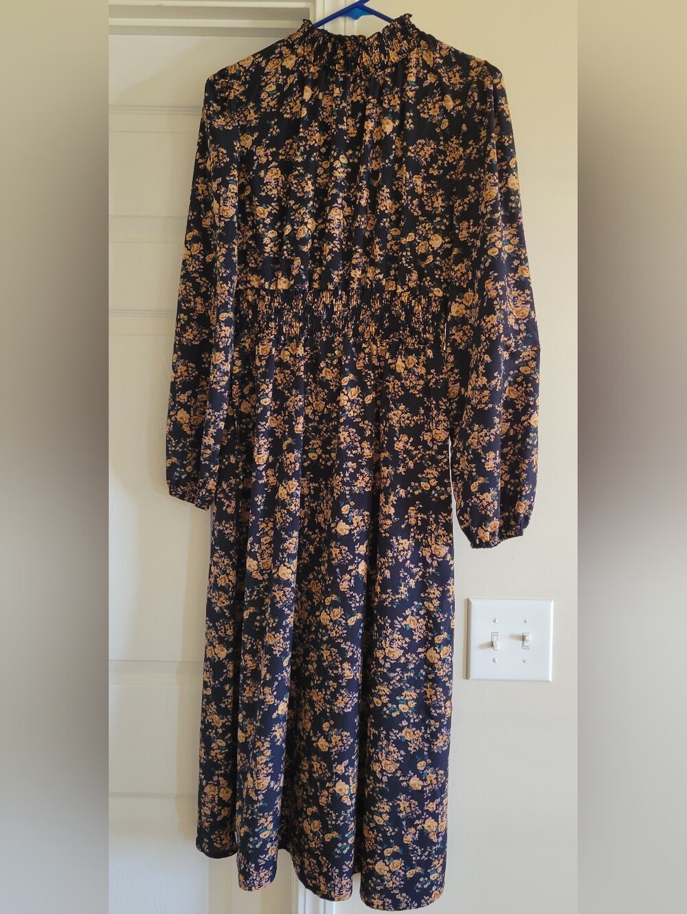 Black Floral Long-Sleeve Midi Dress with Smocked Waist
